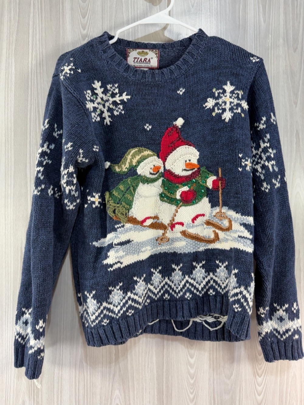 Tiara International Vintage Blue Snowman Christmas Sweater Hand Knit Embroidered